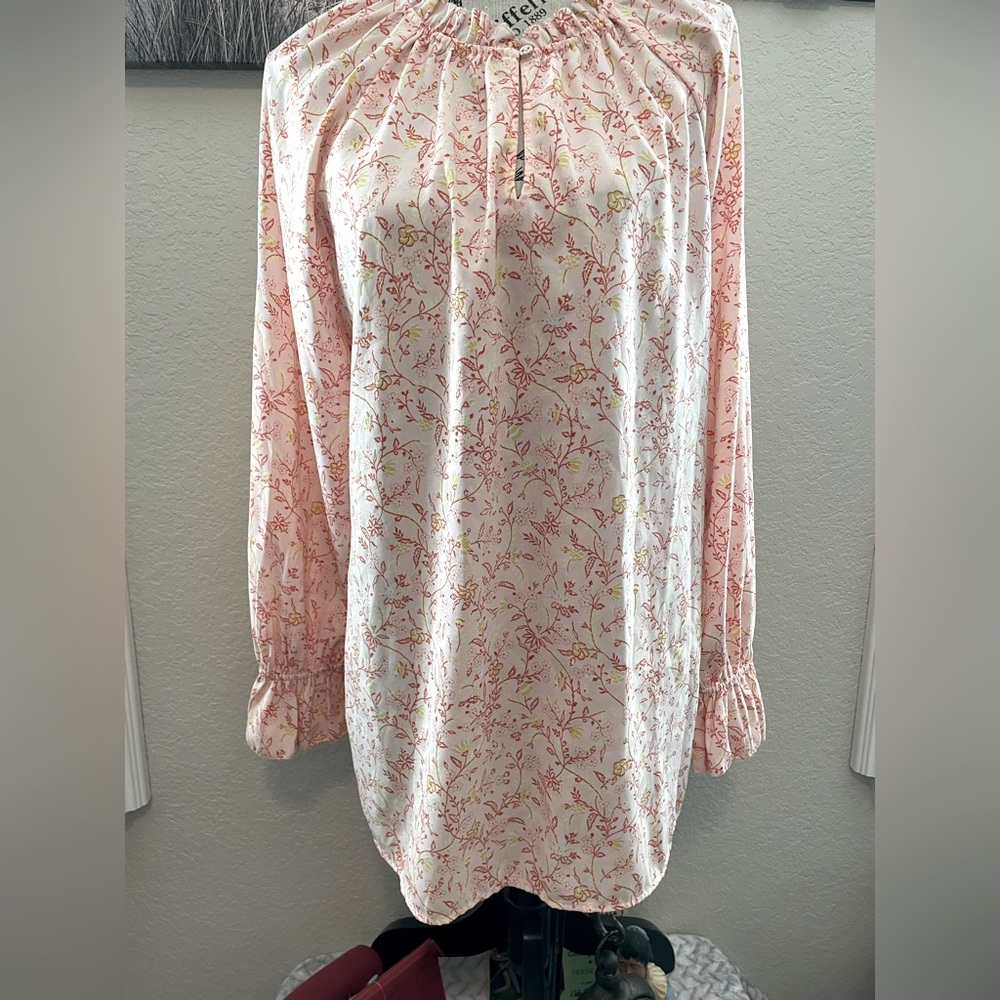 KERRI BLUE SZ XL Floral Women's lightweight ruffle Top long sleeve keyhole neck